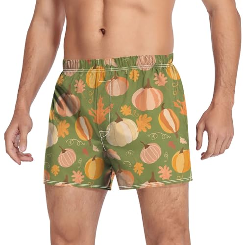 Pumpkin Autumn Leaves Men's Cotton Boxer Shorts Underwear Sleep Shorts with Button Fly Pajama Bottoms3
