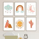 Dessin animé soleil montagne nuage lune arc-en-ciel Cactus mur Art toile nordique affiches peinture et impressions mur photos enfants chambre décor 30x42cmX6 pièces sans cadre