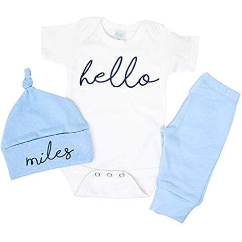 Hello Newborn Baby Boy Coming Home Outfit Personalized (Pale Blue, NB Short Sleeve) Cover