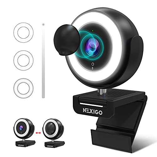 1080P Webcam with Ring Light and Software Control, NexiGo N660E Streaming Web Camera, Adjustable Brightness, Privacy Cover, Dual Noise Reduction Mics, for Zoom Skype Teams, Black