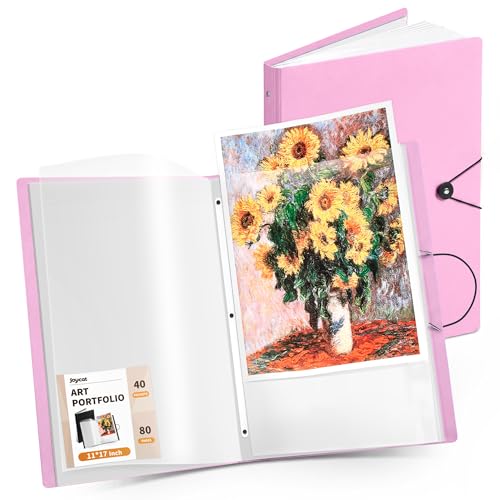 Image of JoyCat 11 x 17 Art Portfolio Binder, 40 Acid-Free Clear Pockets Art Folder Display 80 Pages, Large Presentation Book for Artists and Students (Pink)
