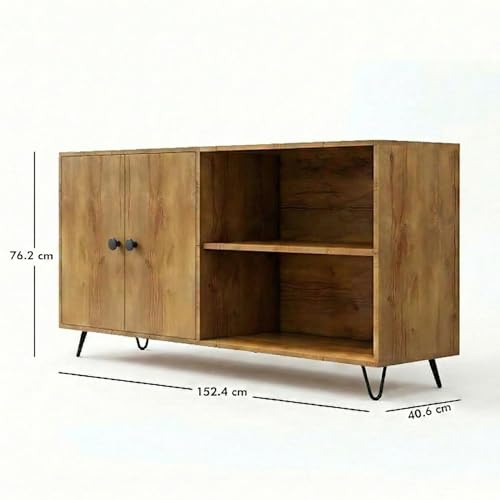 Image of FFO Wood Sideboard Cabinet | Wooden Living Room Storage Cabinet with Drawers, Side Cabinet for Bedroom, Modern Wood Finish, 2 Door Cupboard with Metal Legs Wooden - DIY