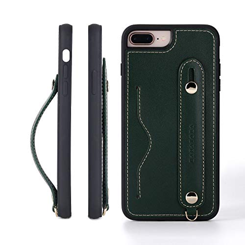 HANATORA iPhone 8Plus/7Plus グリップケース レザー 本革 ストラップ付属 イタリア製牛革 ヌメ革 片手操作 カード収納 スタンド機能 メンズ レディース グリーン CGH-8Plus-Green