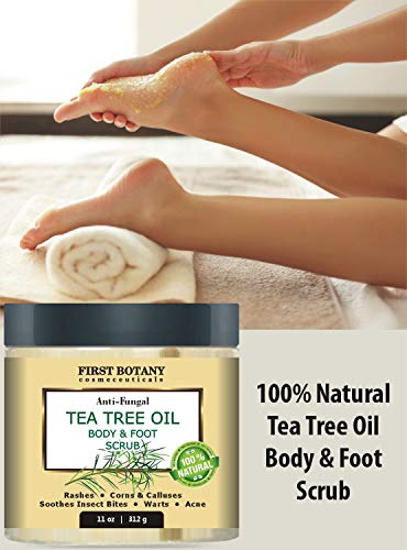100-Natural-Tea-Tree-Oil-Body-Foot-Scrub-with-Dead-Sea-Salt-Best-for-Acne-Dandruff-and-Warts-Helps-with-Corns-Calluses-Athlete-foot-Jock-Itch-Body-Odor-11-oz First Botany Cosmeceuticals, 100% Natural Tea Tree Oil Body & Foot Scrub with Salt - Best for Acne, Dandruff and Warts, Helps with Corns, Calluses, Athlete foot, Jock Itch & Body Odor