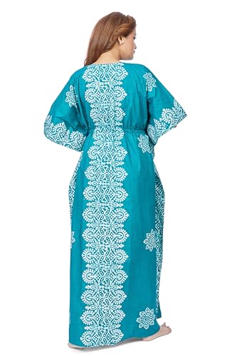 Image of THEKAFTANSHOP Women's Cotton Hand Dyed Batik Kaftan Nighty With Drawstring Waist | V-Neck Printed Free Size Relaxed Fit Casual Sleepwear Loungewear Nightwear Kaftan Dress Gift (Green Motif)