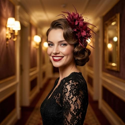 Image of DRESHOW Womens Fascinators Hats Tea Party Hats for Women Pearl Lace Feather Hat Vintage Derby Hats for Wedding Cocktail