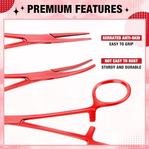 Image of BBTO Hemostat Curved and Straight Hemostat Forceps Piercing Pliers Forceps, Stainless Steel Straight and Curved Pliers, Fishing Tweezer(Red,2 Pcs)