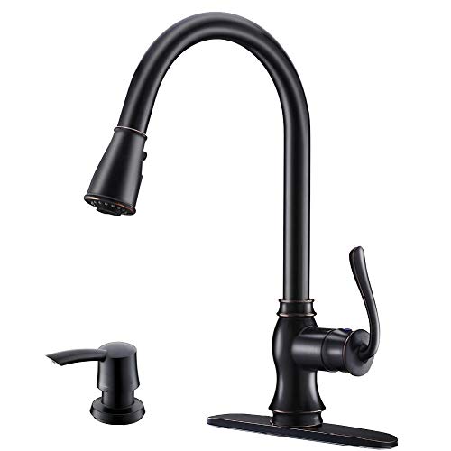 APPASO Single Handle Pull Down Kitchen Faucet with Sprayer Oil Rubbed Bronze - Antique One Hole High Arc Pull Out Kitchen Sink Faucets and Soap Dispenser