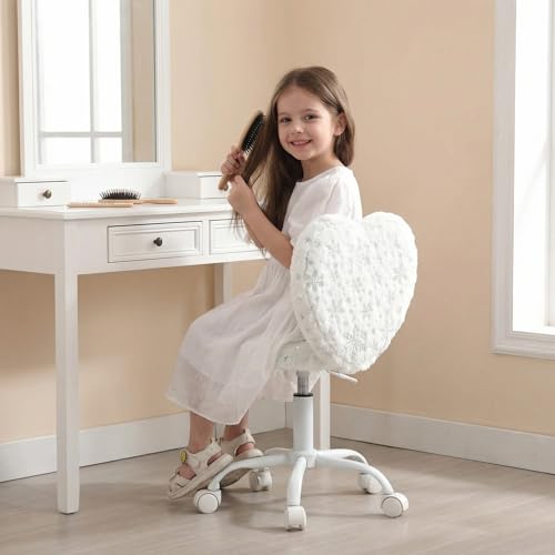 Image of Kmax Kids Reading Chair, Rolling Cute Desk Chair for Girls Swivel Office Chair with Wheels & Heart Back Adjustable Childrens Vanity Chair for Bedroom Reading Room - Fur, Snowflake