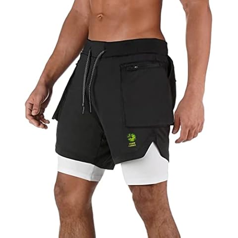 BOOMLEMON Men's 2 in 1 Running Shorts Gym Workout Quick Dry Inner Compression Short Pants Cover