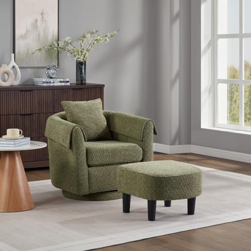 EASTALOLO Swivel Accent Chair with Ottoman, Modern Chenille Comfortable Bucket Chair with Removable Pillow, Small Couch Barrel Armchair for Small Spaces, Living Room, Bedroom, Office (Green)