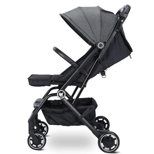 Rollingsurfer Lightweight Baby Stroller, Compact Travel Pram with Reclining Shade, Oversize Basket, One Hand Easy Foldable Strollers for Airplane Travel and More