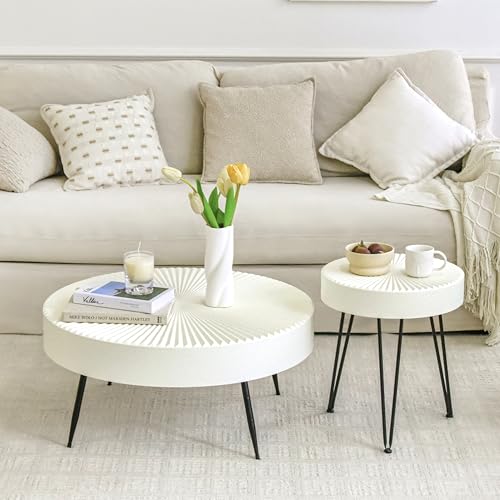 Cagnolier Lot de 2 tables basses rondes au design linéaire, table basse ronde avec plateau imperméable, table à café blanc avec pieds en métal dans le...