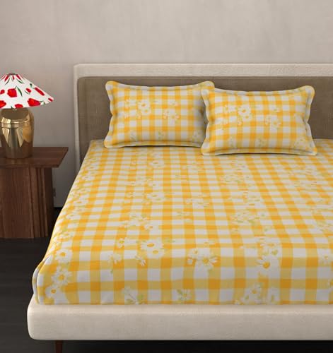 Image of VOMZER Queen Size (60x78) 300 TC Soft Cotton Feel Microfiber All Around Elastic Fitted Queen Bedsheet with 2 Pillow Covers | Yellow Check