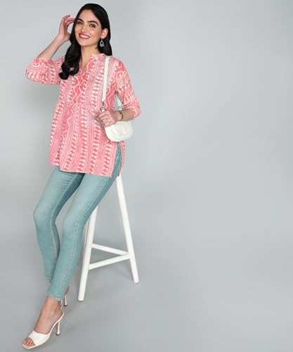 Image of Stylistico Geometric Print Summer Cotton Tunic Western Everyday Regular Fit Full Sleeve v Neck Office Peplum Printed Long Tops for Women Latest