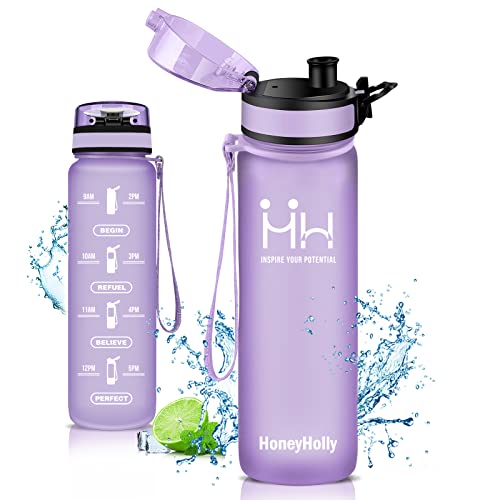 HoneyHolly Botella de Agua, 500ml con Filtro y Marcador de Tiempo, Botella Agua Deporte, sin BPA a Prueba Fugas, Botella de Agua para Bicicleta, Camping, Trekking | Botella Gimnasio, con Filtro