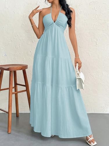 Image of Narecte Women's Maxi Summer Dresses Halter V Neck Beach Dresses for Women A-Line Casual Dress for Vacation
