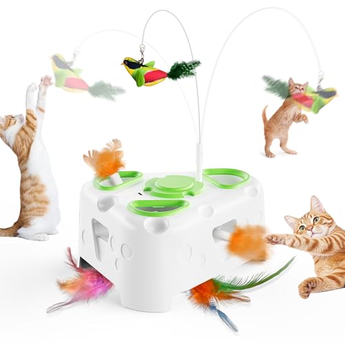 PANRIO 3-in-1 Interactive Cat Toys for Indoor Cats,Automatic Kitten Toy,Flying Bird,6 Holes Mole,Rotating Feather, Rechargeable USB Interactive Cat Feather Toys for Bored Indoor Cats