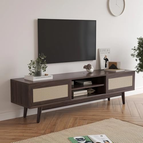 Image of MISAN Modern TV Table | Solid Sheesham Wood Sideboard TV Unit for Living Room, Bedroom, Office Furniture Stand | Wooden Free Standing Entertainment Unit Side Board Table with Storage (E-Walnut)