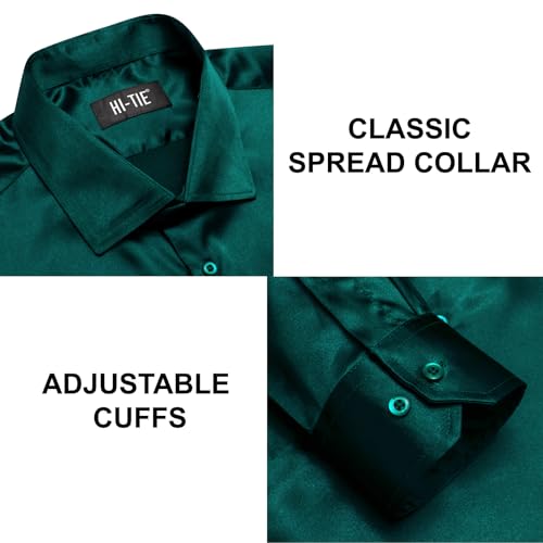 Image of Hi-Tie Men's Silk Satin Dress Shirts Long Sleeve Shiny Casual Button Up Shirts Luxury Party Disco Prom Wedding Shirt