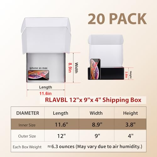 Image of RLAVBL 12x9x4 Shipping Boxes Set of 20, Black Corrugated Cardboard Box for Packing, Mailing, Business, Gift