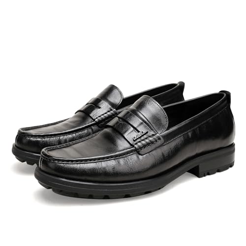 Image of Mens Leather Penny Loafers, Classic Crocodile Printed Business Dress Shoes with Metal Buckle Slip on Penny Shoes for Mens