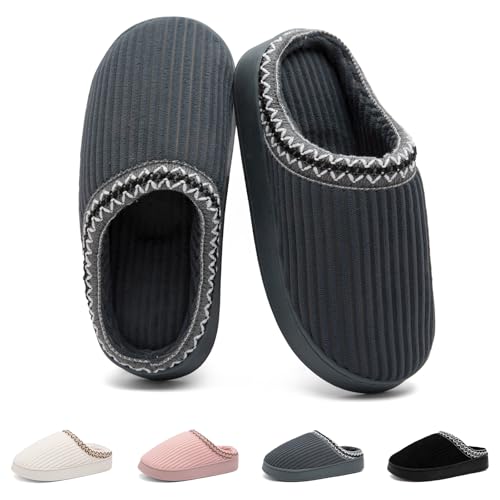 Image of Slippers for Women&Men with Memory Foam Corduroy Closed Toe House Shoes Ladies Winter Warm Comfy Bedroom Women's Slipper Indoor and Outdoor Slip-on Rubber Sole