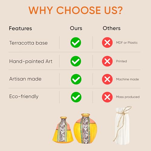 Image of Aakriti Art Creations Yellow Terracotta Vase Set of 2 with Madhubani Art | Handmade Matte Finish Decorative Flower Vases | Table Decor Items, Living Room Showpieces & Housewarming Gift