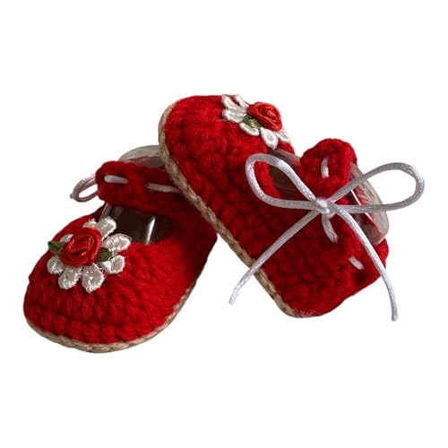 Handmade Baby Girl Crochet Mary Jane Shoes, Red Cotton with Floral Design, Soft Booties for Newborn