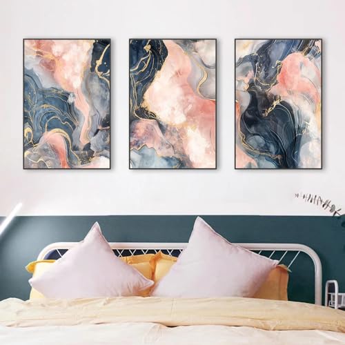 Pintura moderna en lienzo abstracto con textura de mármol y oro rosa, tríptico