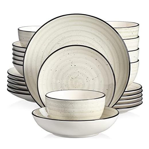 vancasso Stoneware Dinnerware Set 24 Pieces, Bonbon Beige Dinner Set Handpainted Spirals Pattern Stoneware Combination Set with Dinner Plate Dessert Plate Soup Plate Bowl, Service for 6