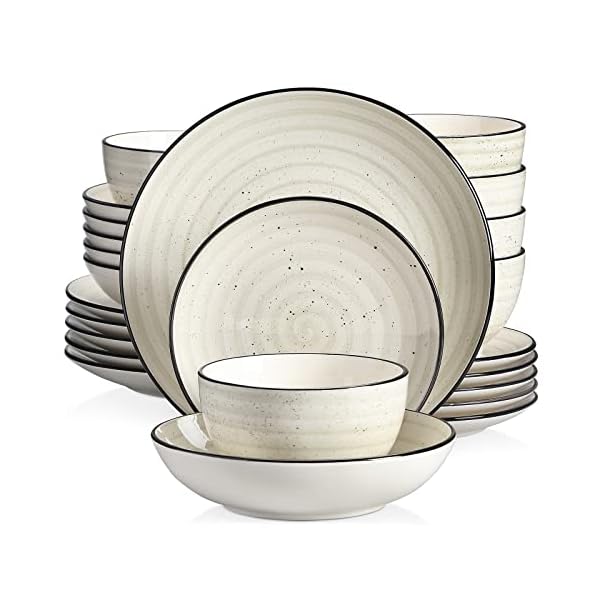 vancasso Stoneware Dinnerware Set 24 Pieces, Bonbon Beige Dinner Set Handpainted Spirals Pattern Combination Set with Dinner / Dessert / Soup Plate Bowl, Service for 6 vancasso Stoneware Dinnerware Set 24 Pieces, Bonbon Beige Dinner Set Handpainted Spirals Pattern Combination Set with Dinner / Dessert / Soup Plate Bowl, Service for 6