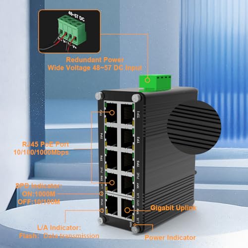 Image of Mini Industrial 8-Port 10 /100 /1000T 802.3at PoE + 2-Port 10 /100 /1000T Din Rail Mount Compact Ethernet Switch, 48~57V DC Unmanaged Network Switch 20Gbps Switching Capacity