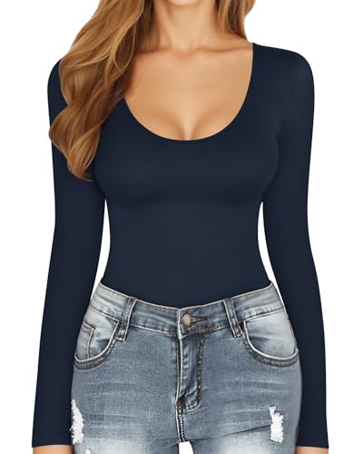 Image of MANGOPOP Women's Scoop Neck Long Sleeve Stretchy Basic Bodysuit Jumpsuits