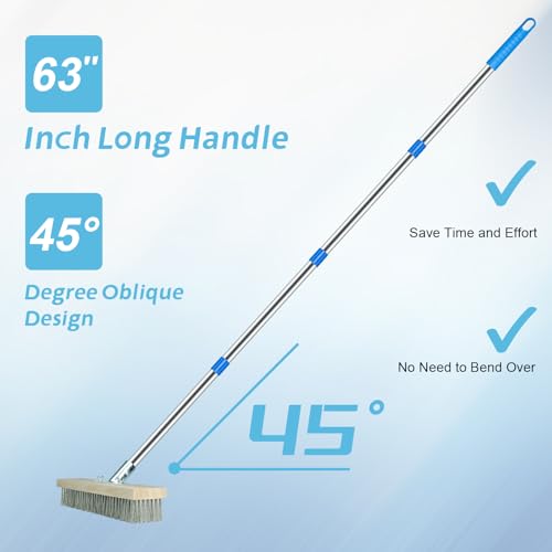 KIKITOY 63 Inch Deck Brush, Stainless Steel Wire Floor Brush, Long Handle Pool Brush, Outdoor Broom Brush Stiff Bristles Broom for Cleaning Patio Garage Deck Pool Fishing-boat Concrete Wood Stone Road - Thumbnail 3
