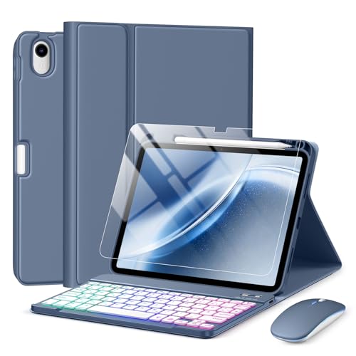 drivego Tastatur Hülle mit Maus for iPad A16 11/10 Generation (11/10.9 Zoll 2025/2022) Bluetooth Magnetisch Beleuchtete Keyboard Hülle mit Panzerglas Schutzfolie for iPad 11. 10. Gen Blau Grau