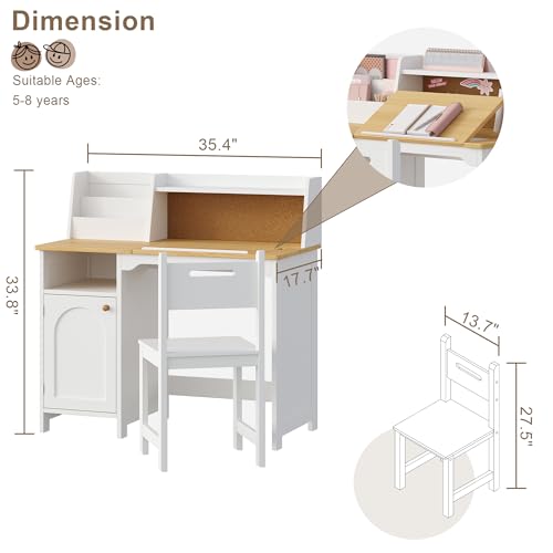 Image of Treocho Kids Study Desk and Chair Set, Kids Desk with Hutch and Tiltable Desktop for 3-8 Years Old, Wooden Children Study Table with Storage Cabinet, Student Writing Desks, Home School, Natural