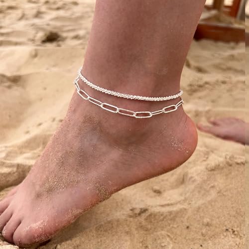 Image of Freekiss Sterling Silver Ankle Bracelets for Women: Dainty Layered Waterproof Anklet for Women Adjustable Womens Anklet Set Stackable Figaro Beaded Cuban Link Anklets Beach Jewelry for Women