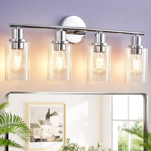 Image of DLLT 4-Light Bathroom Light Fixtures: Chrome Modern Vanity Lights with 4 E26 Bulbs - Clear Glass Shade Bathroom Wall Lamp for Mirror Kitchen Living Room Hallway Cabinet Porch