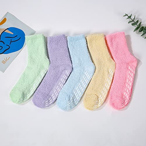 Image of Fuzzy Socks for Women with Grips No Slip Hospital Socks Warm Fluffy Socks Winter Slipper Socks Soft Cozy Socks Grippy Plush Socks Christmas Gifts Presents 5 Pairs Rainbow