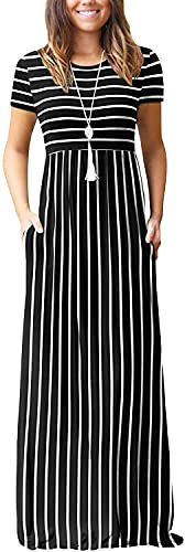 Image of EUOVMY Women's Short Sleeve Loose Plain Maxi Dresses Casual Vacation Long Dresses with Pockets