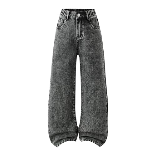 Image of Baggy Jeans for Girls Wide Leg Casual Denim Trouser Elasticated School Solid Loose Pants with Pockets (Grey, 13-14 Years)