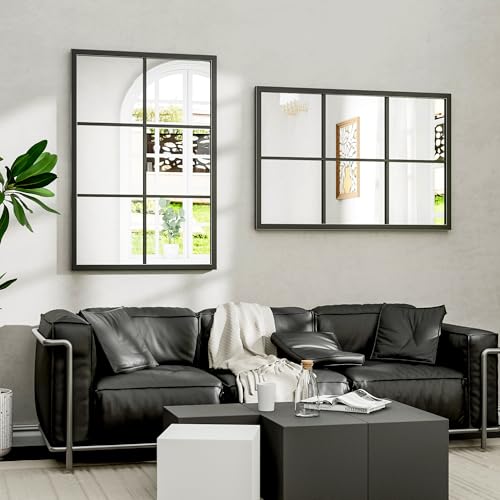 Image of Dewfig Rectangle Wall Mirror, 36 inchx24 inch Metal Frame Windowpane Mirror, Black