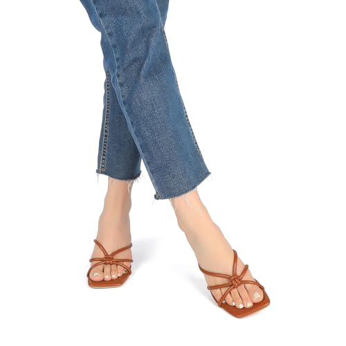 Image of Goderci Kitten Strappy Heels for Women Knotted Square Open Toe Slip On Mule Heels Mid Heeled Sandals