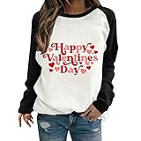 luoluoluo Frauen Oberteile Valentinstag Trendige Tshirt mit Happy Valentine's Day Druck Farbblock Patchwork Pullover Rundhals Langarmshirt Teenager Mädchen Basic Tops