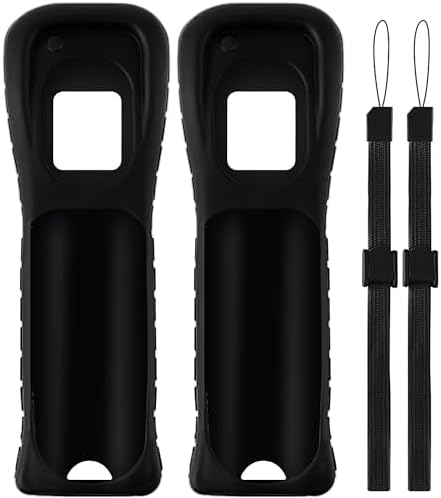 XiQiDianr 2 Packs Silicone Case Cover with Wrist Strap for Nintendo Wii Remote Controller (Black 2)