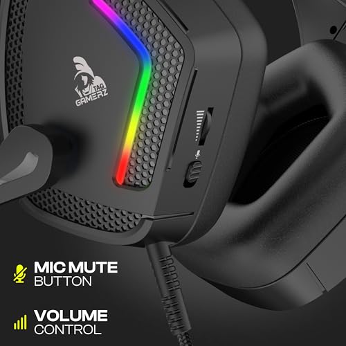 Image of TAG Gamerz Victor RGB Black Over-Ear Gaming Headphone Headset | Soft Ear Cups | 50mm Driver| 3.5mm Audio | 7 Color Breathing RGB with USB | 2m Braided Cable | Adjustable Mic for Calling | Mute Button