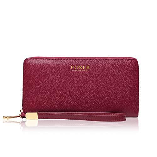Leather Wallets for Women, Genuine Leather RFID Blocking 17 Card Slots Gift Box Packaging Ladies Purses with Zipper Coin Pocket Women's Long Wallets Womens Zip Around Wallets with Wristband (Red)