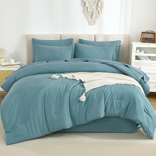 Litanika King Size Comforter Set Grayish Teal - 7 Pieces Bed in a Bag King Bedding Comforter Sets, Solid Lightweight Bed Set with Comforter, Sheets, Pillowcases & Shams