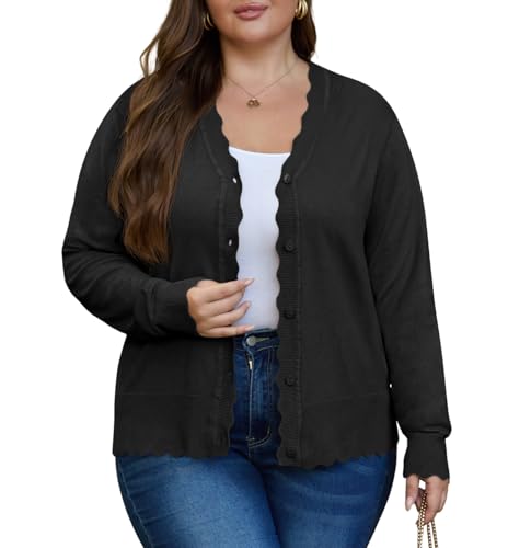 OLRIK Plus Size Cardigan for Women Cropped Long Sleeve V-Neck Buttons Down Ribbed Wave Edges Casual Knit Shrugs2
